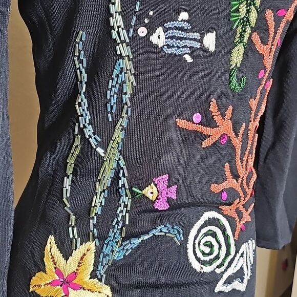 Vintage Beaded Under The Sea Sweaterworks Black Knit Scoop Neck Sweater Small - Picture 2 of 6